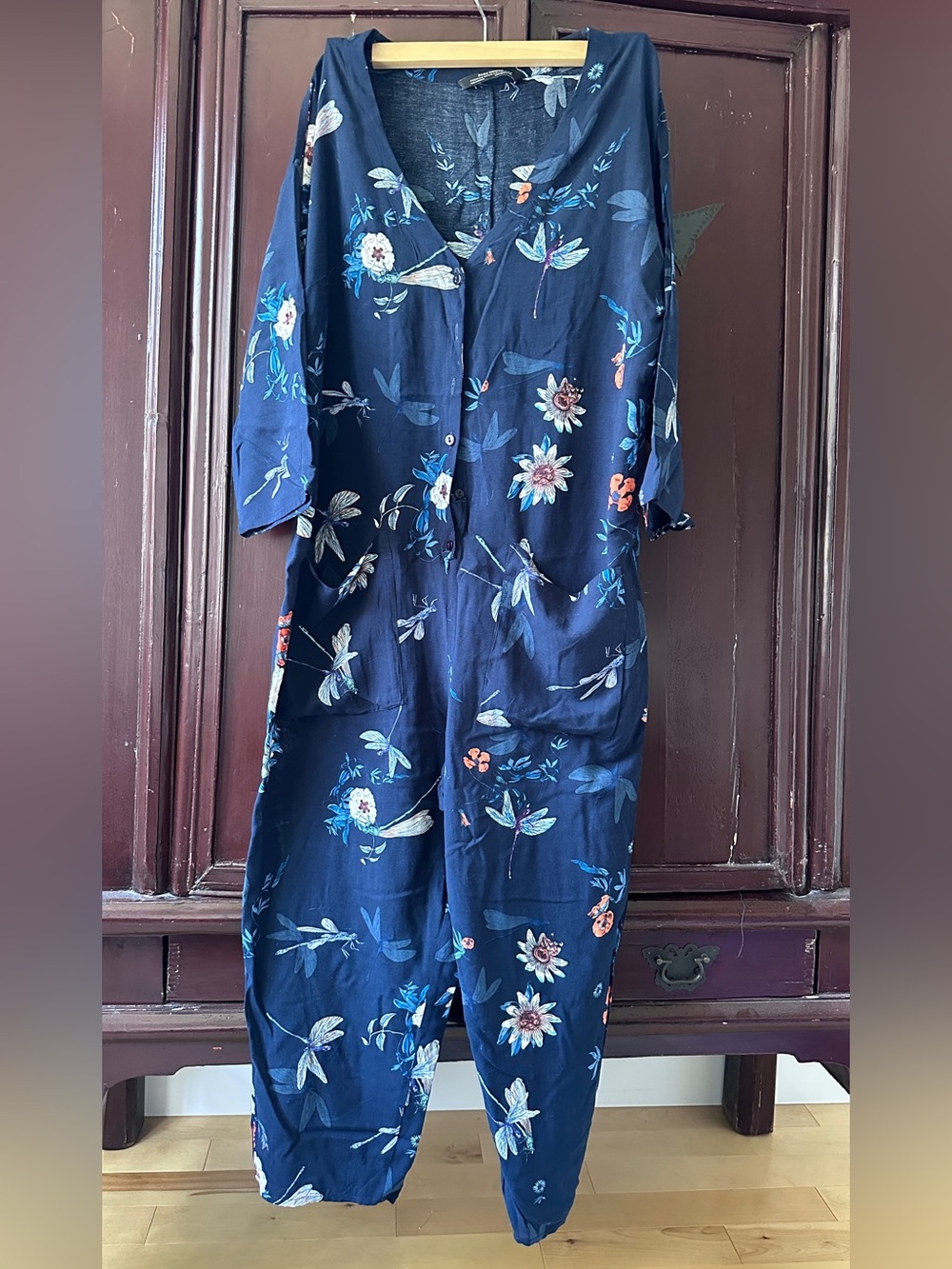 Zara Navy Floral Denim Jumpsuit with Teal Accents